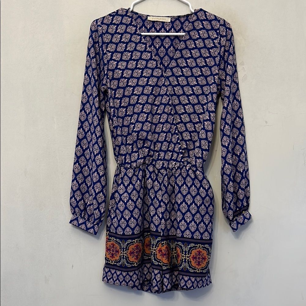 Everleigh Royal Blue  Patterned Long Sleeve Romper Size S EUC